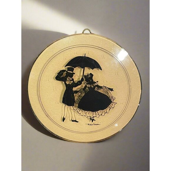 Vintage Edna Lewis Studio Hand Painted Silhouette Round Convex Glass Wall Decor - Picture 1 of 5